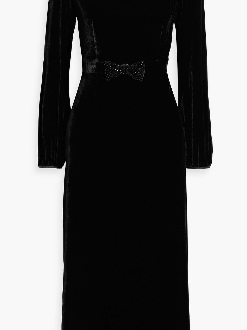 grace bow-detailed velvet midi dress