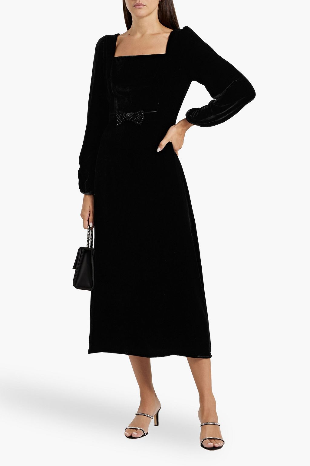 HVN Grace bow-detailed velvet midi dress