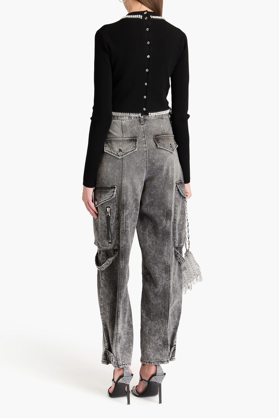 RABANNE CROPPED CRYSTAL-EMBELLISHED RIBBED-KNIT TOP