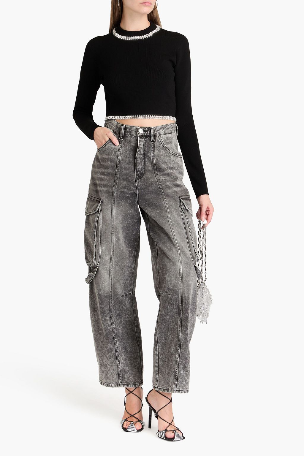 RABANNE Cropped crystal-embellished ribbed-knit top