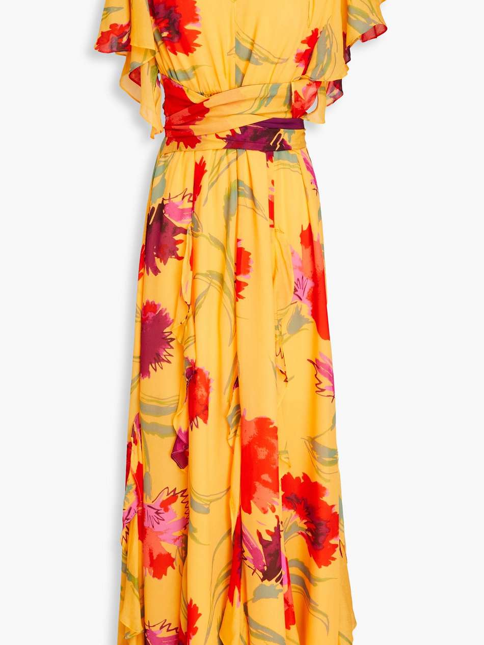 dianthus belted floral-print crepe maxi dress