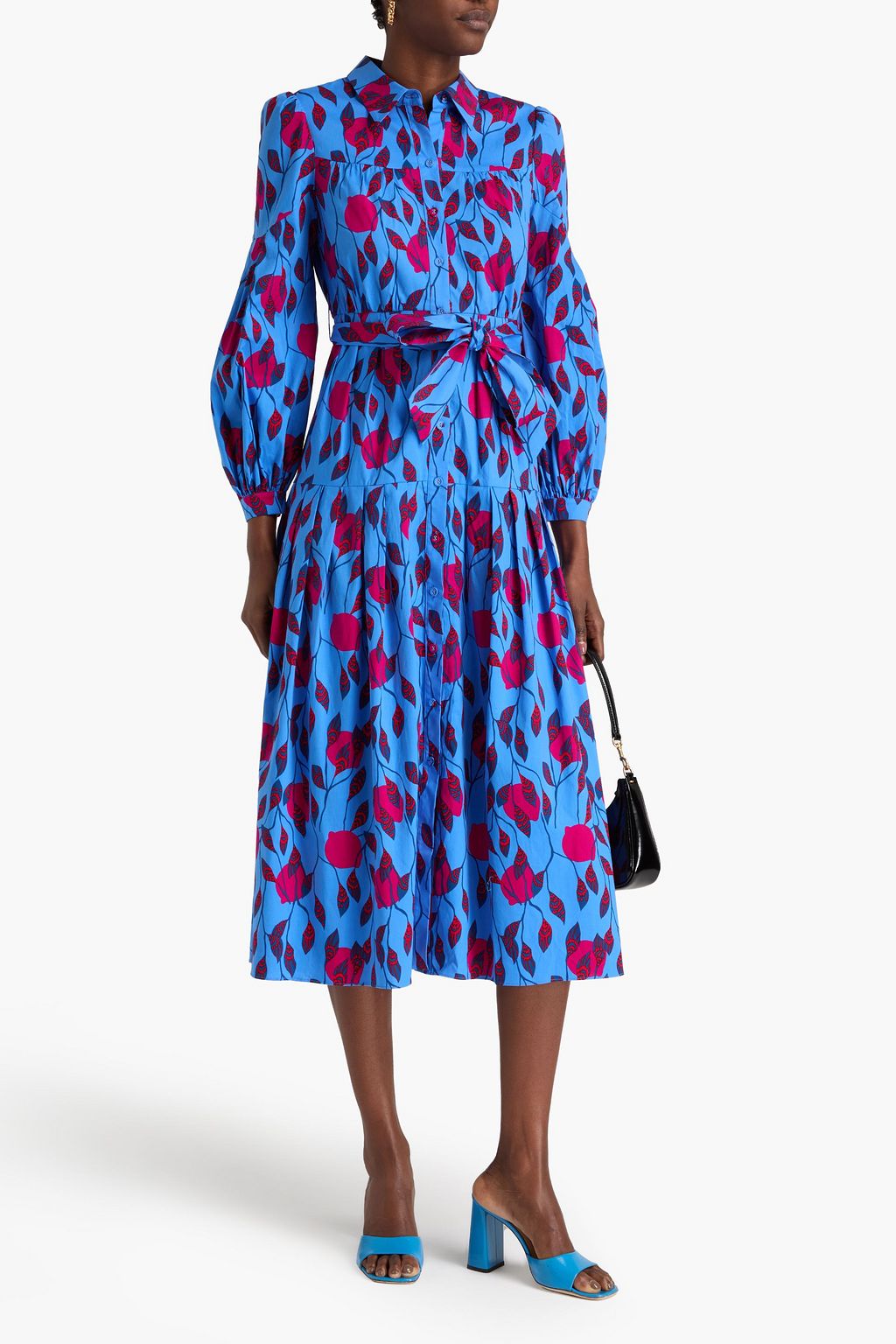 DIANE VON FURSTENBERG فستان بأسلوب القميص "لوكس" متوسط الطول من قطن بوبلين مطاطي مزين بطبعات