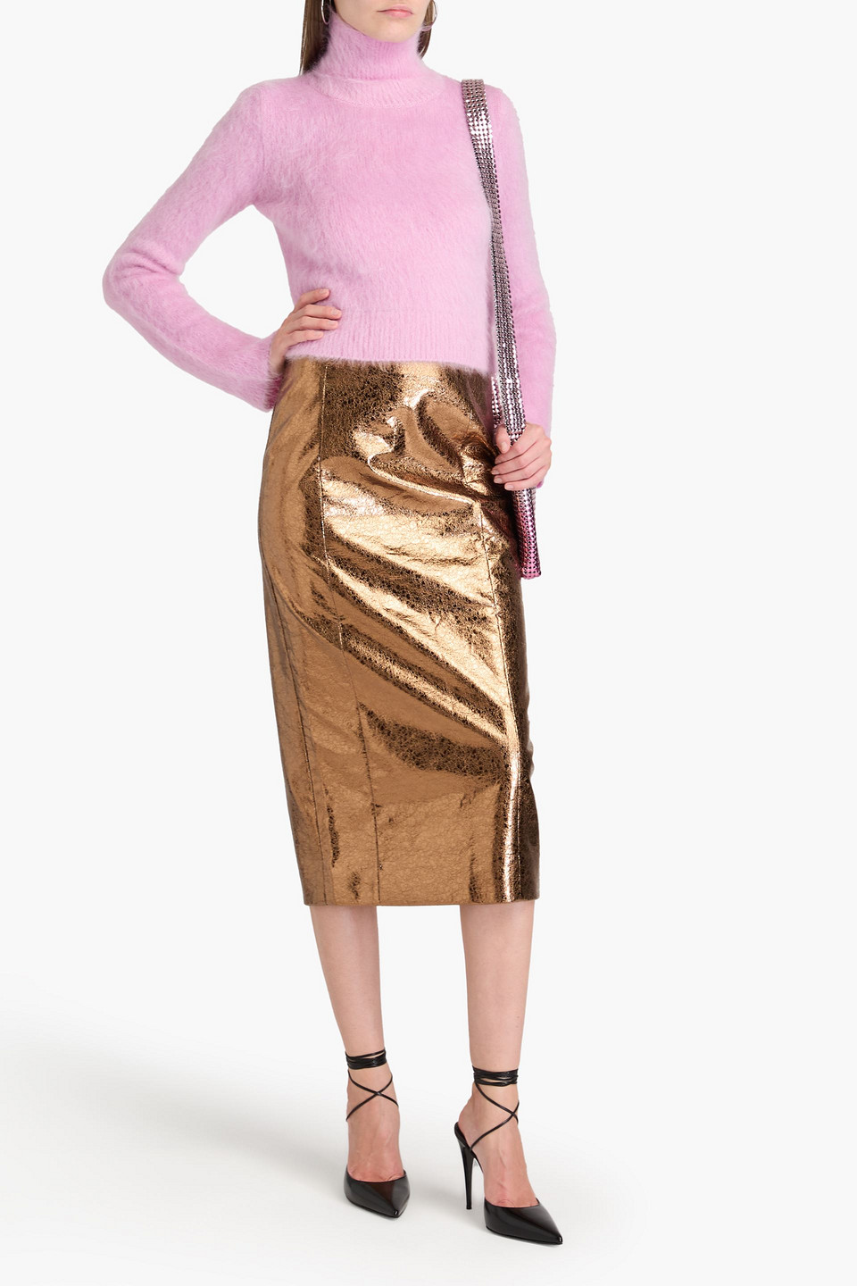 RABANNE CROPPED CUTOUT BRUSHED WOOL TURTLENECK SWEATER