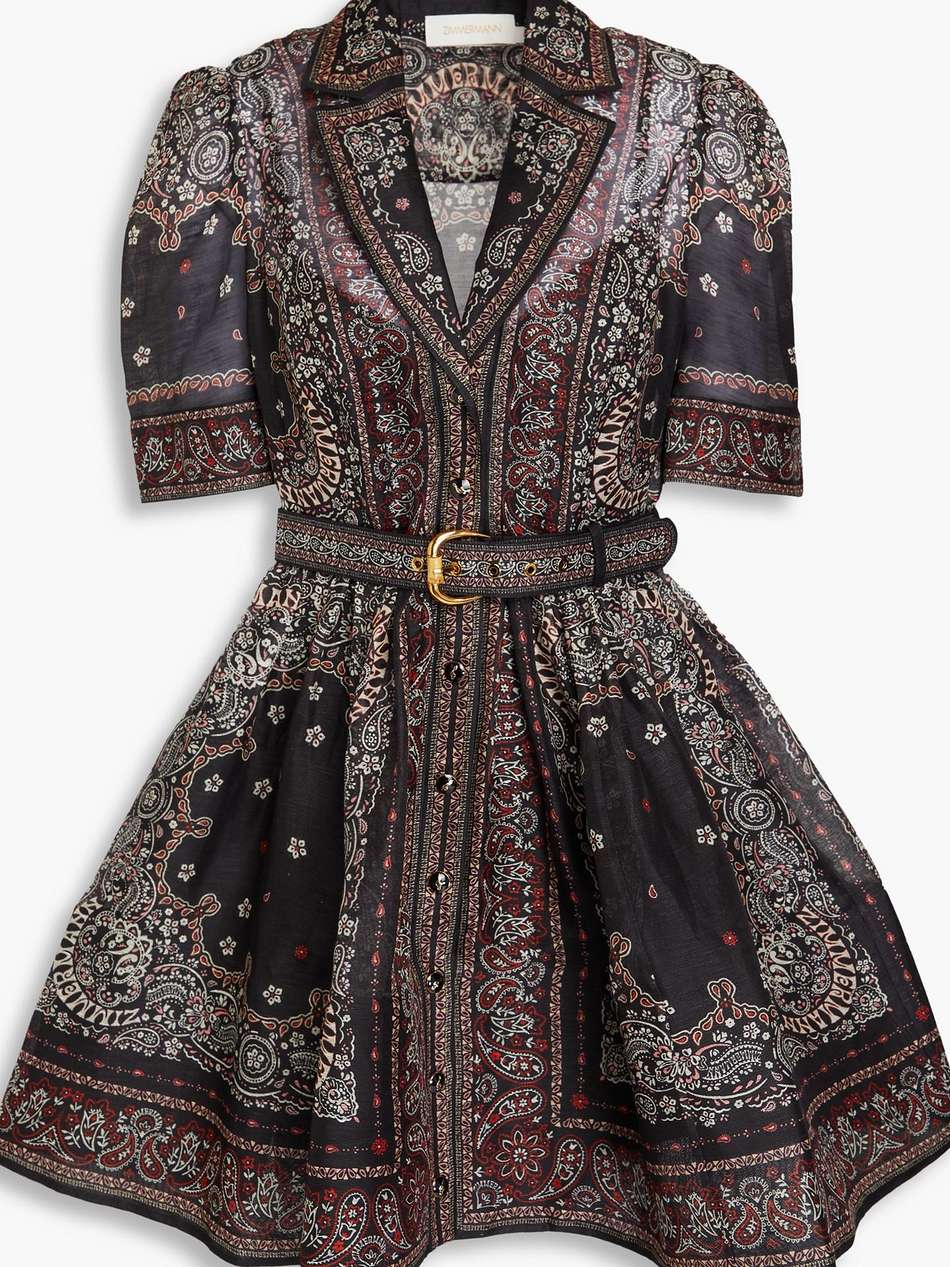 belted paisley-print linen and silk-blend mini shirt dress