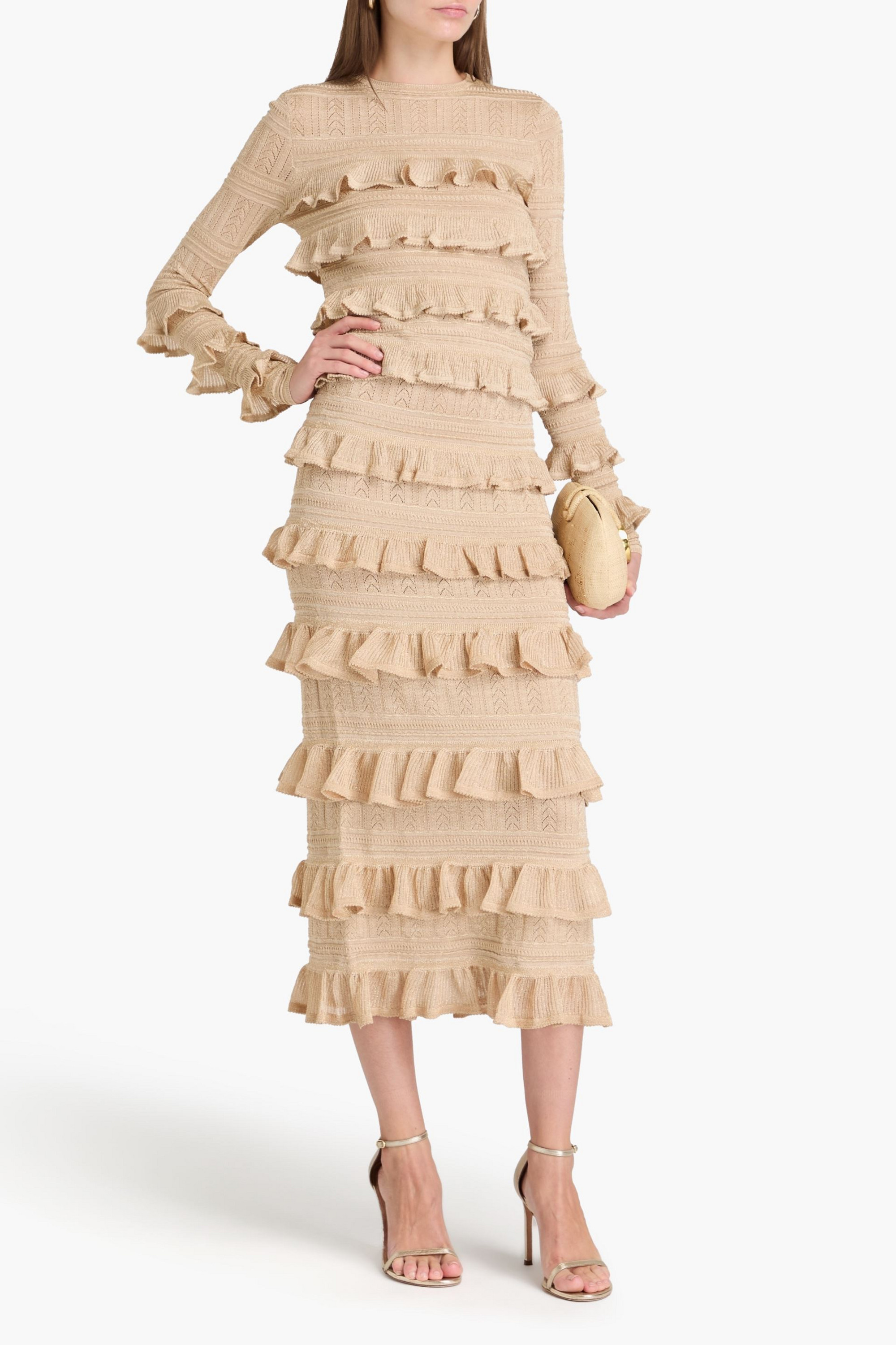 Zimmermann Ruffled metallic pointelle-knit midi skirt