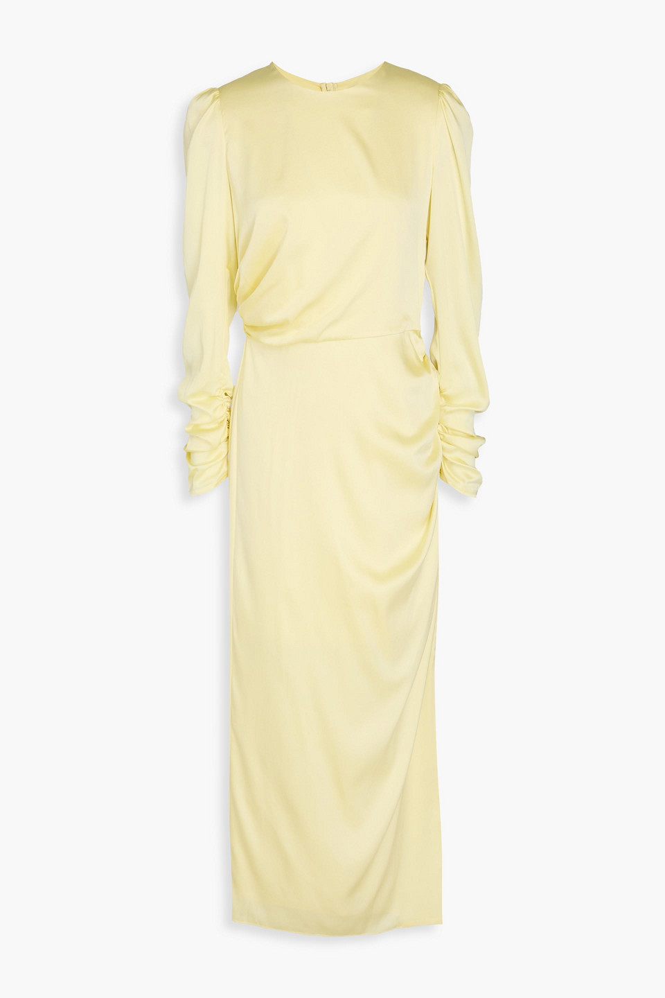 Zimmermann Ruched Stretch-silk Satin Midi Dress In Pastel Yellow