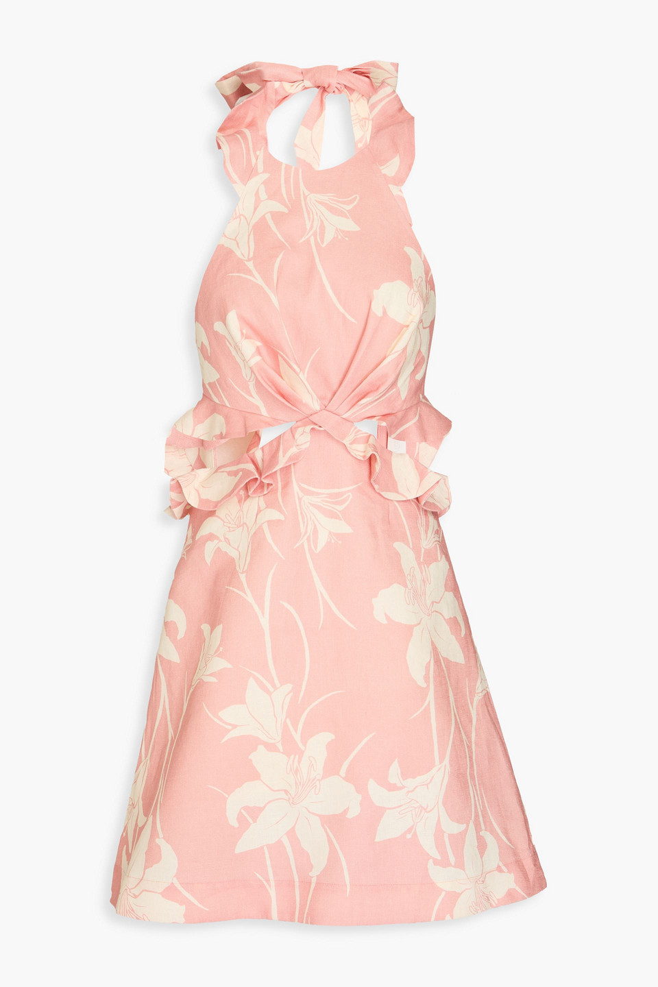 Zimmermann - Ruffled floral-print linen halterneck mini dress - Pink - 2