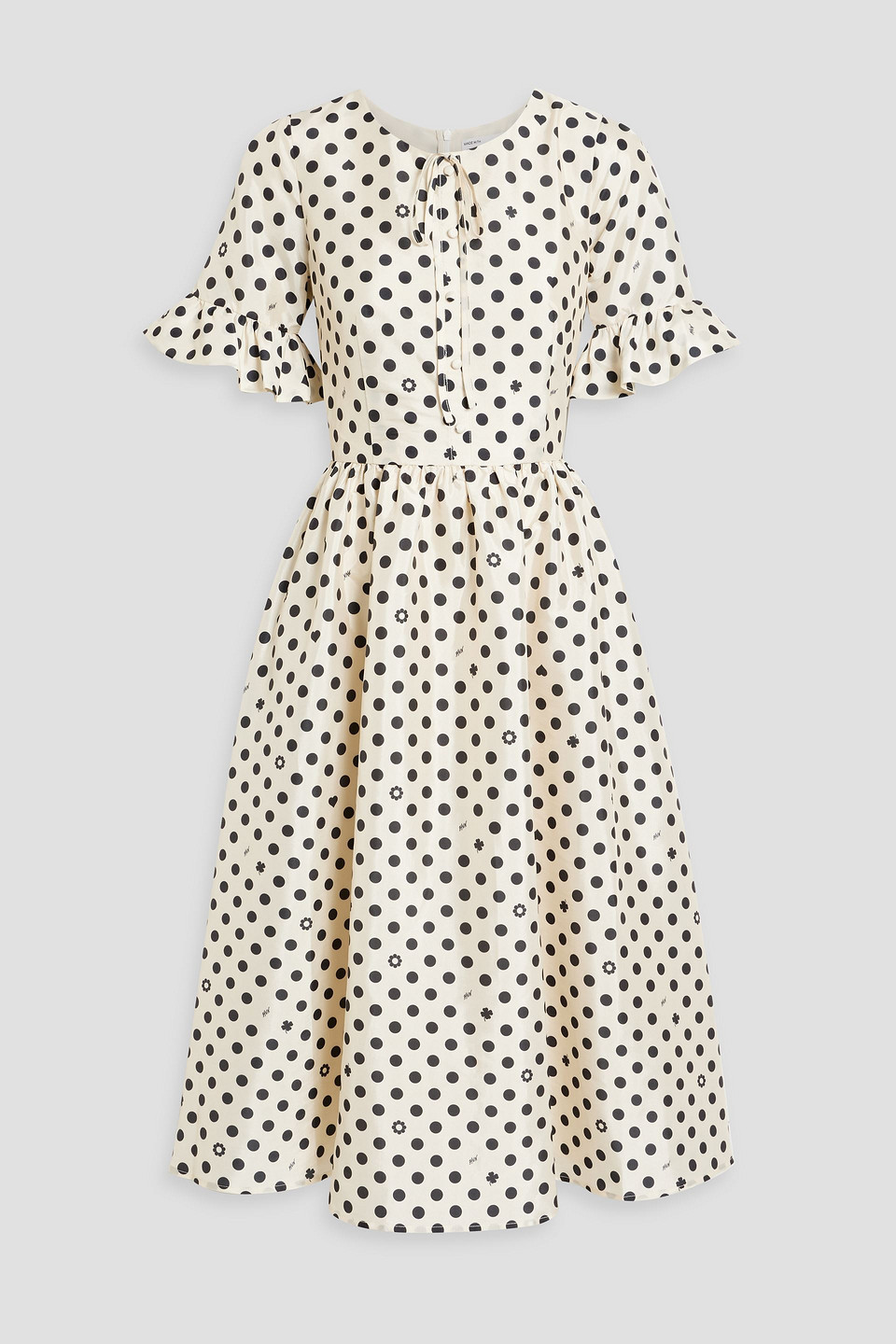 Hvn Willow Ruffled Printed Taffeta Midi Dress In Cream