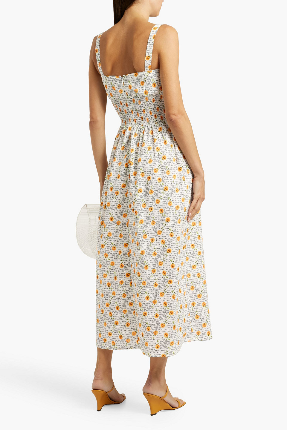 HVN LAURA SHIRRED PRINTED COTTON MIDI DRESS