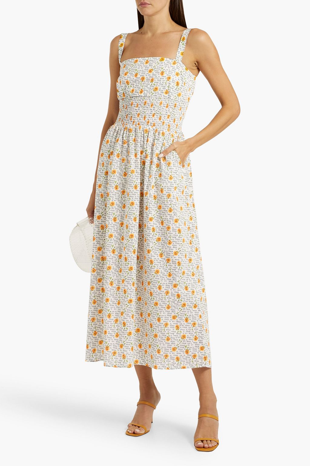 HVN Laura shirred printed cotton midi dress