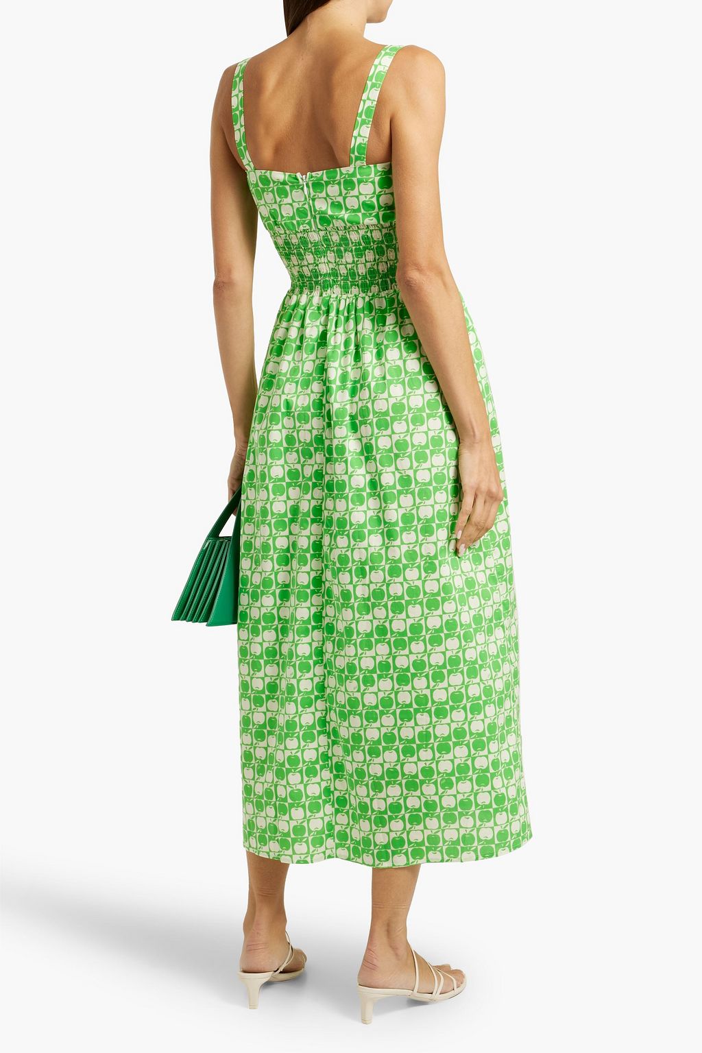 HVN Laura shirred printed cotton-blend poplin midi dress