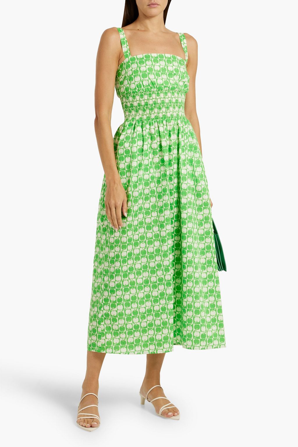 HVN Laura shirred printed cotton-blend poplin midi dress