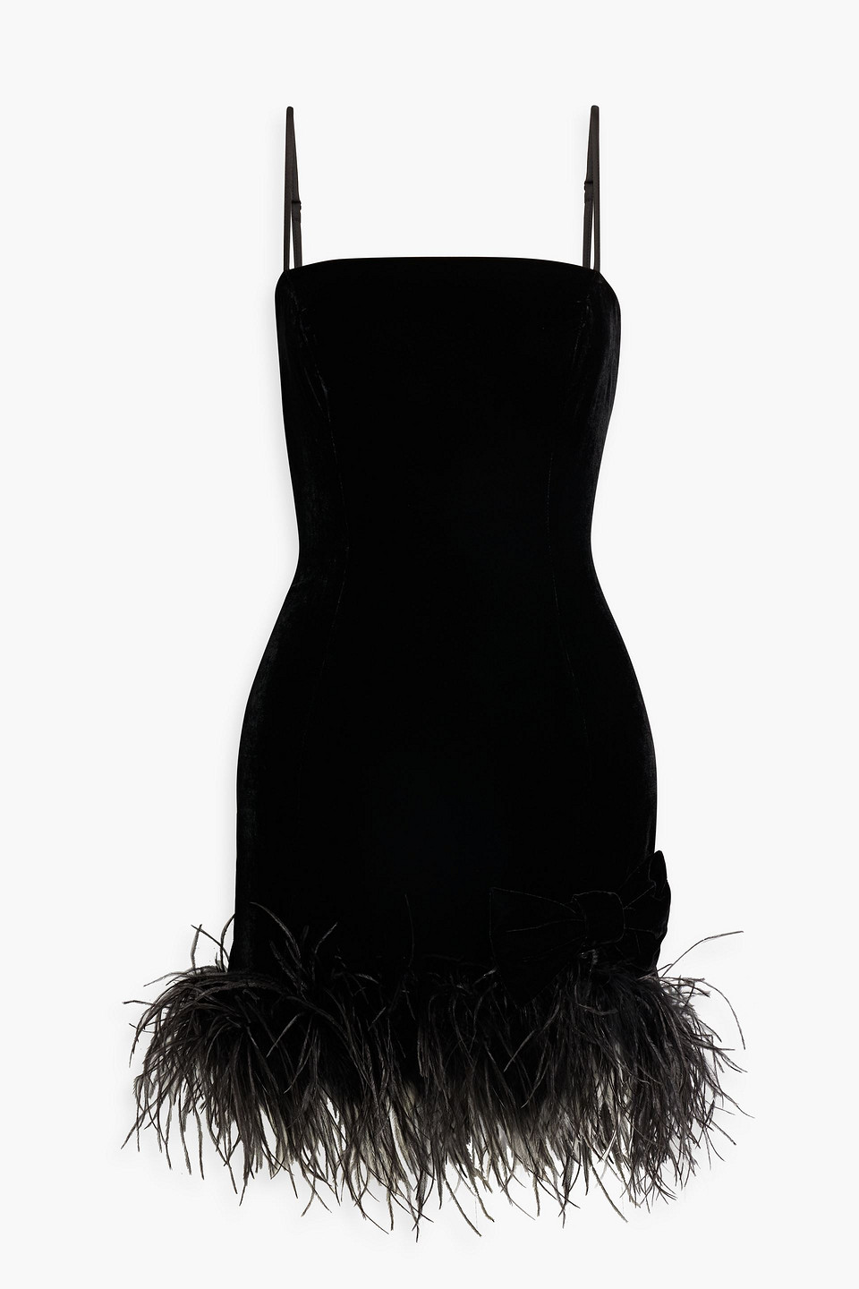 Hvn Valentina Feather-trimmed Velvet Mini Dress In Black