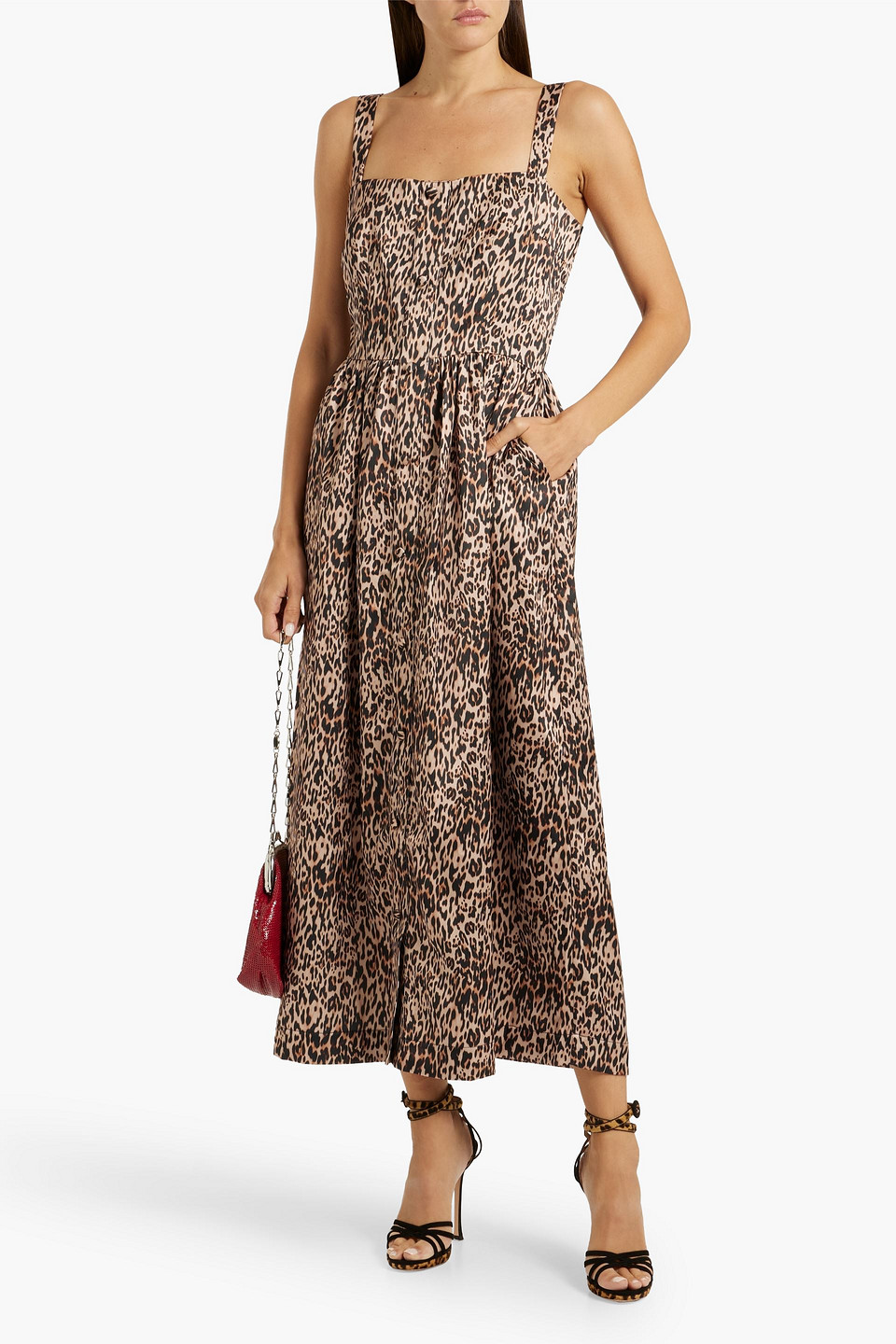 HVN LAURA LEOPARD-PRINT SATIN MIDI DRESS