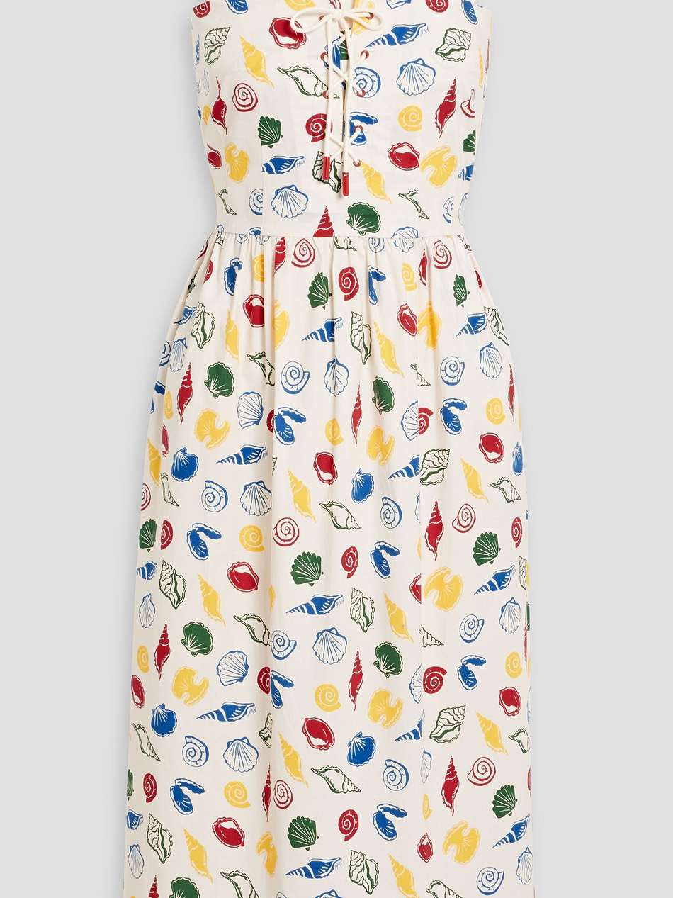 laura lace-up printed cotton-blend poplin midi dress