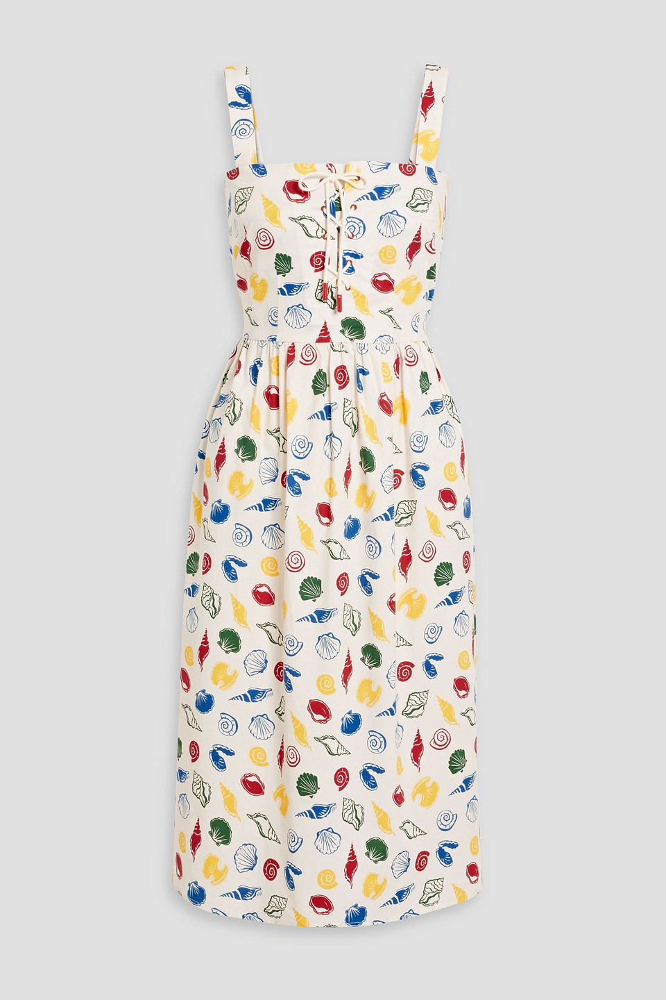 Hvn Laura Lace-up Printed Cotton-blend Poplin Midi Dress In Cream