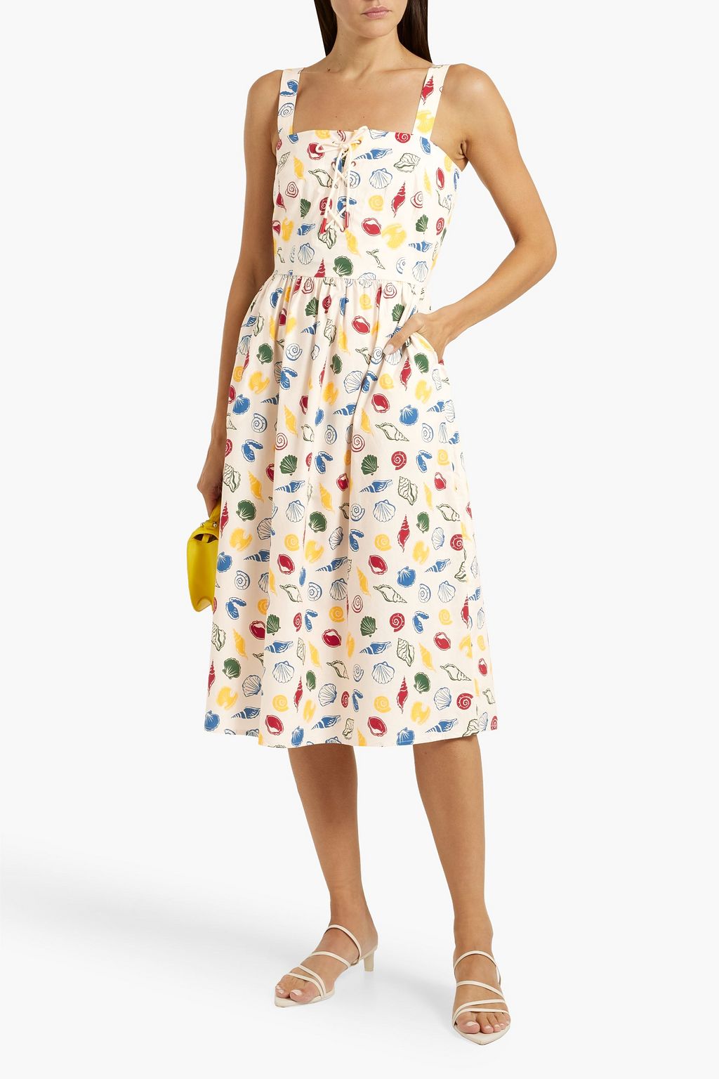 HVN Laura lace-up printed cotton-blend poplin midi dress