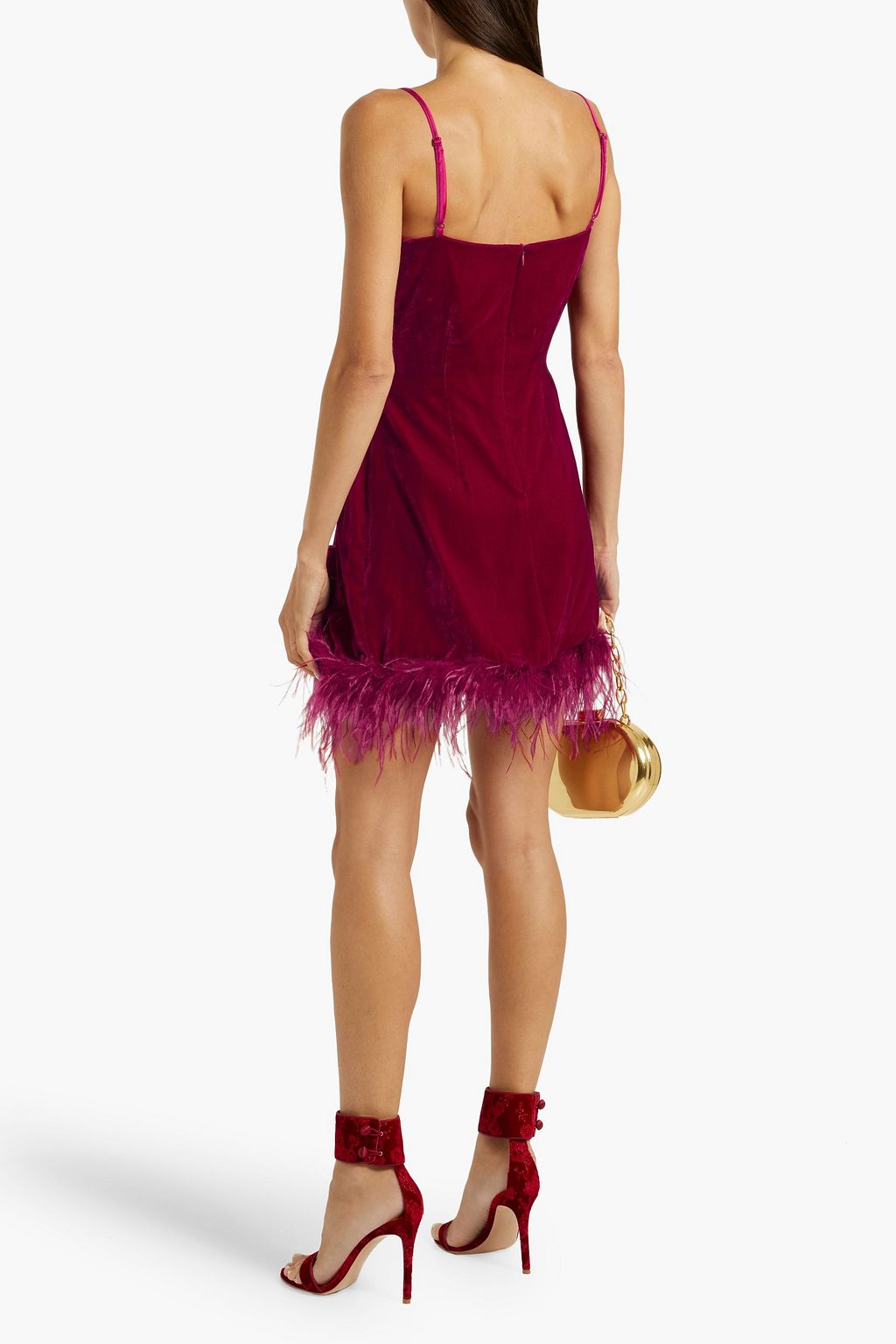 HVN Valentina feather-trimmed velvet mini dress