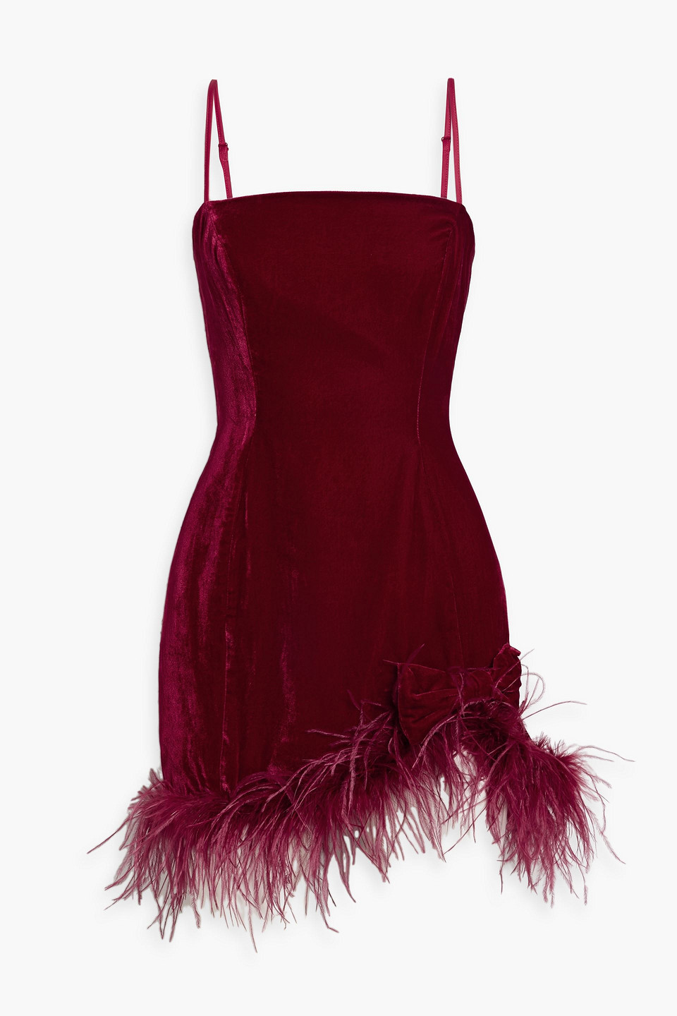 Hvn Valentina Feather-trimmed Velvet Mini Dress In Claret