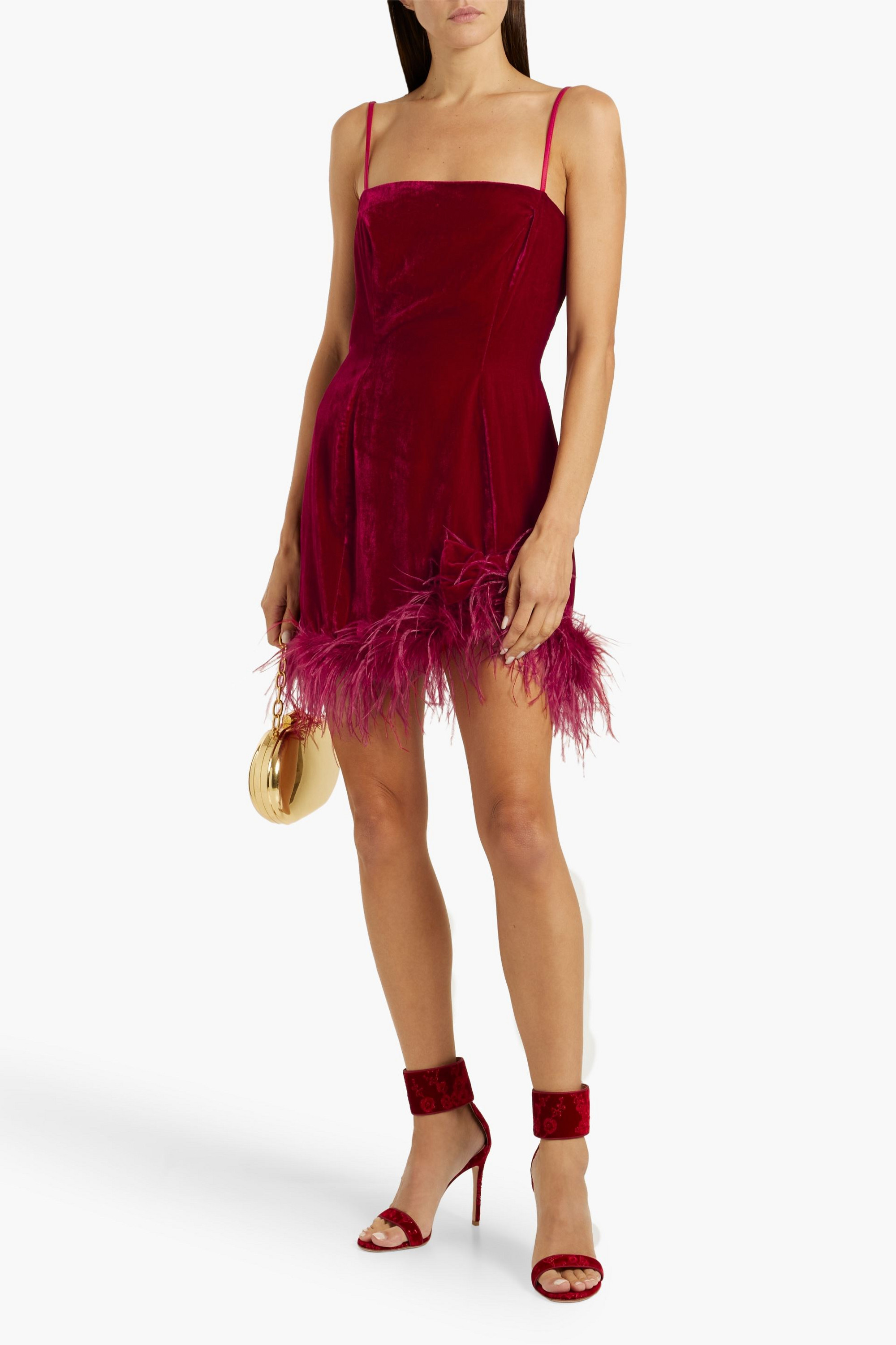 HVN Valentina feather-trimmed velvet mini dress