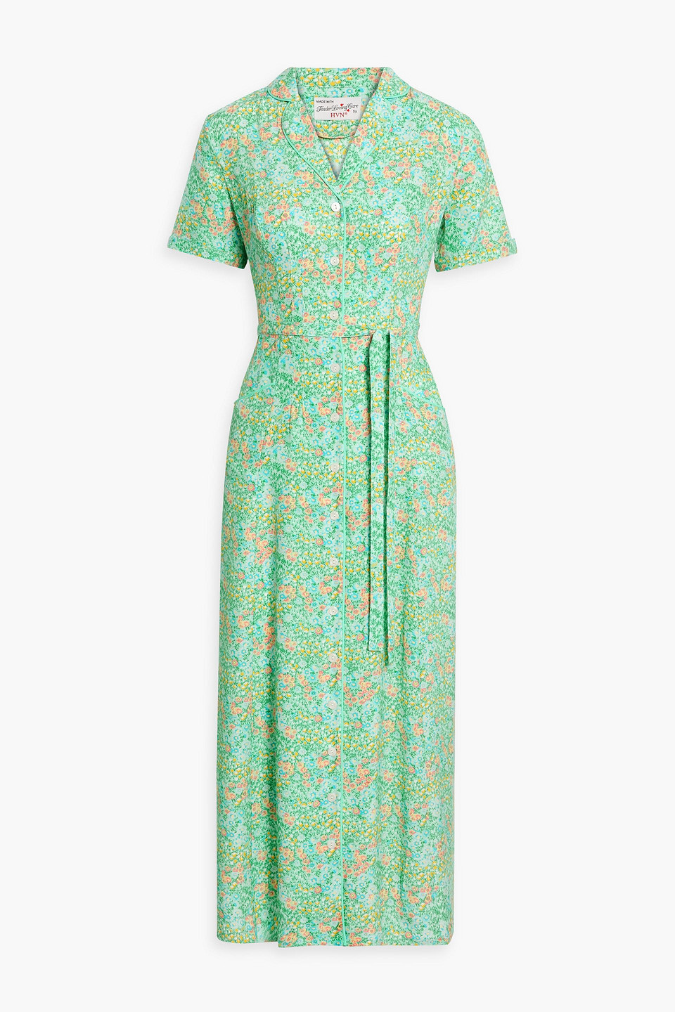 Hvn Maria Floral-print Silk-satin Midi Shirt Dress In Mint