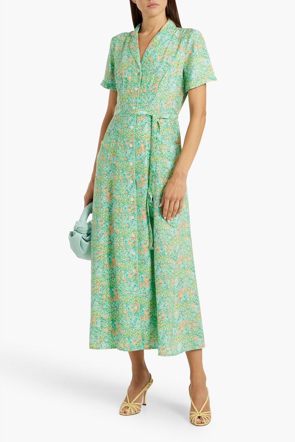 HVN Maria floral-print silk-satin midi shirt dress