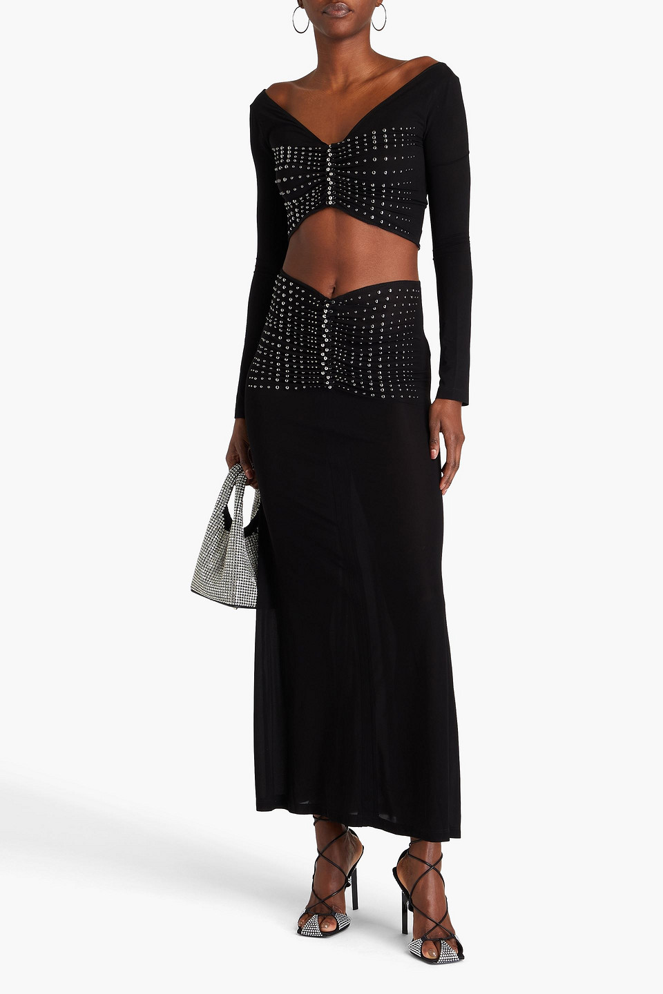 RABANNE STUDDED CUPRO-BLEND JERSEY MAXI SKIRT