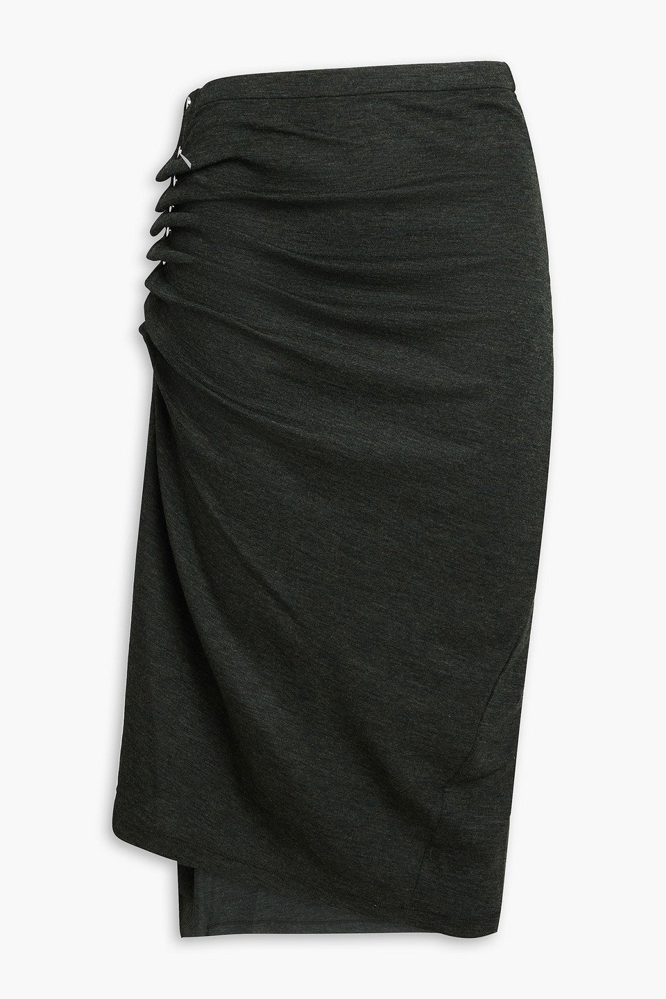 Asymmetric gathered wool-blend midi skirt