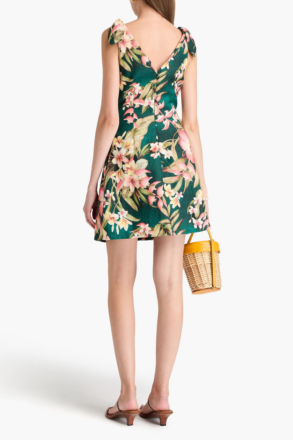 Zimmermann + Net Sustain Lexi Tie-detailed Floral-print Linen Mini Dress In Emerald
