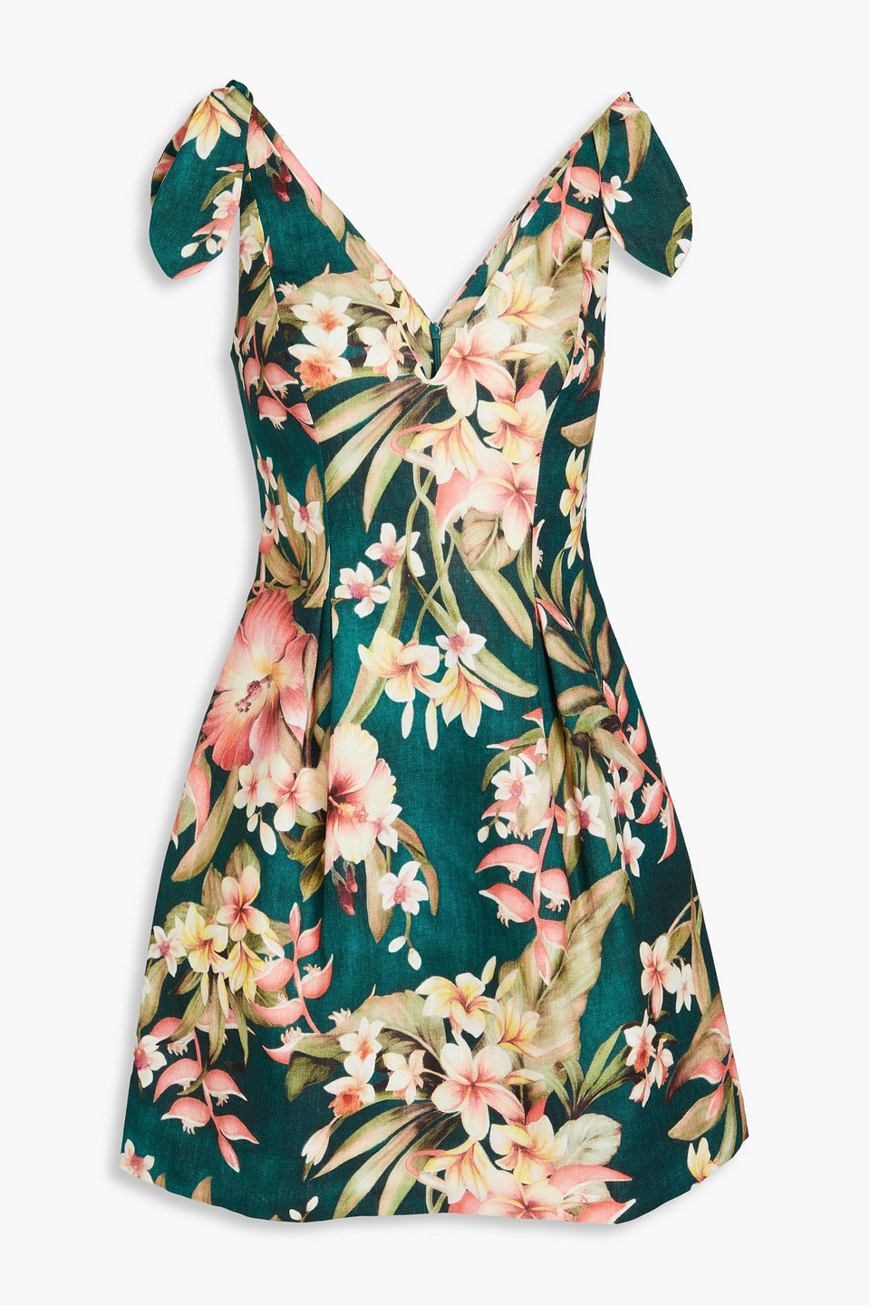 Zimmermann + Net Sustain Lexi Tie-detailed Floral-print Linen Mini Dress In Emerald