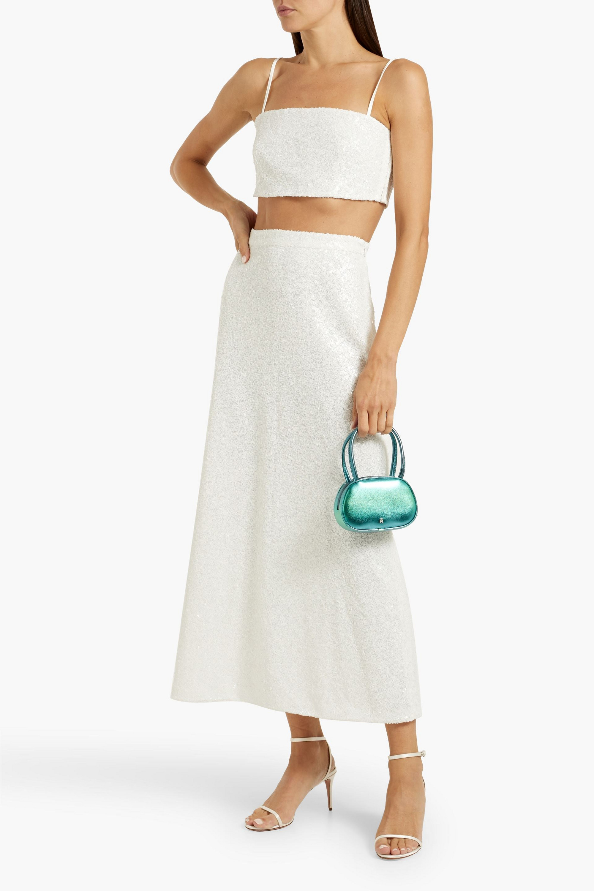 HVN Affie sequined tulle cropped top and midi skirt set