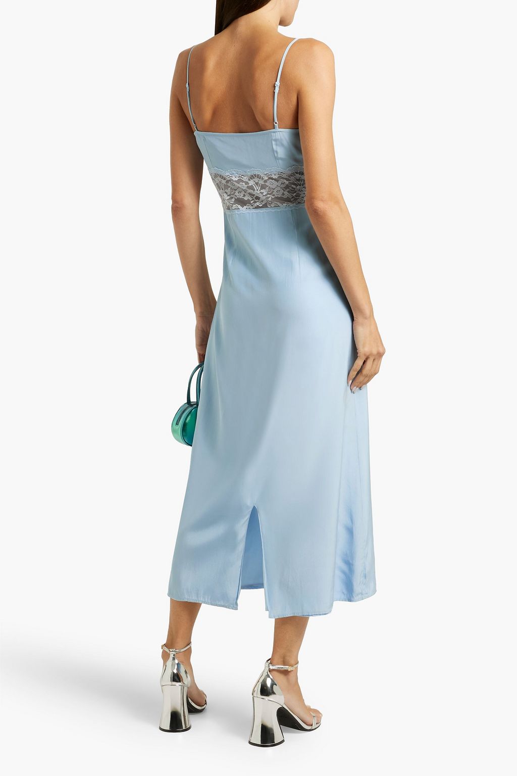 HVN Chrissy corded lace-paneled silk-crepe midi dress