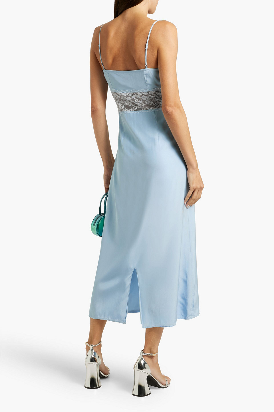 HVN CHRISSY CORDED LACE-PANELED SILK-CREPE MIDI DRESS