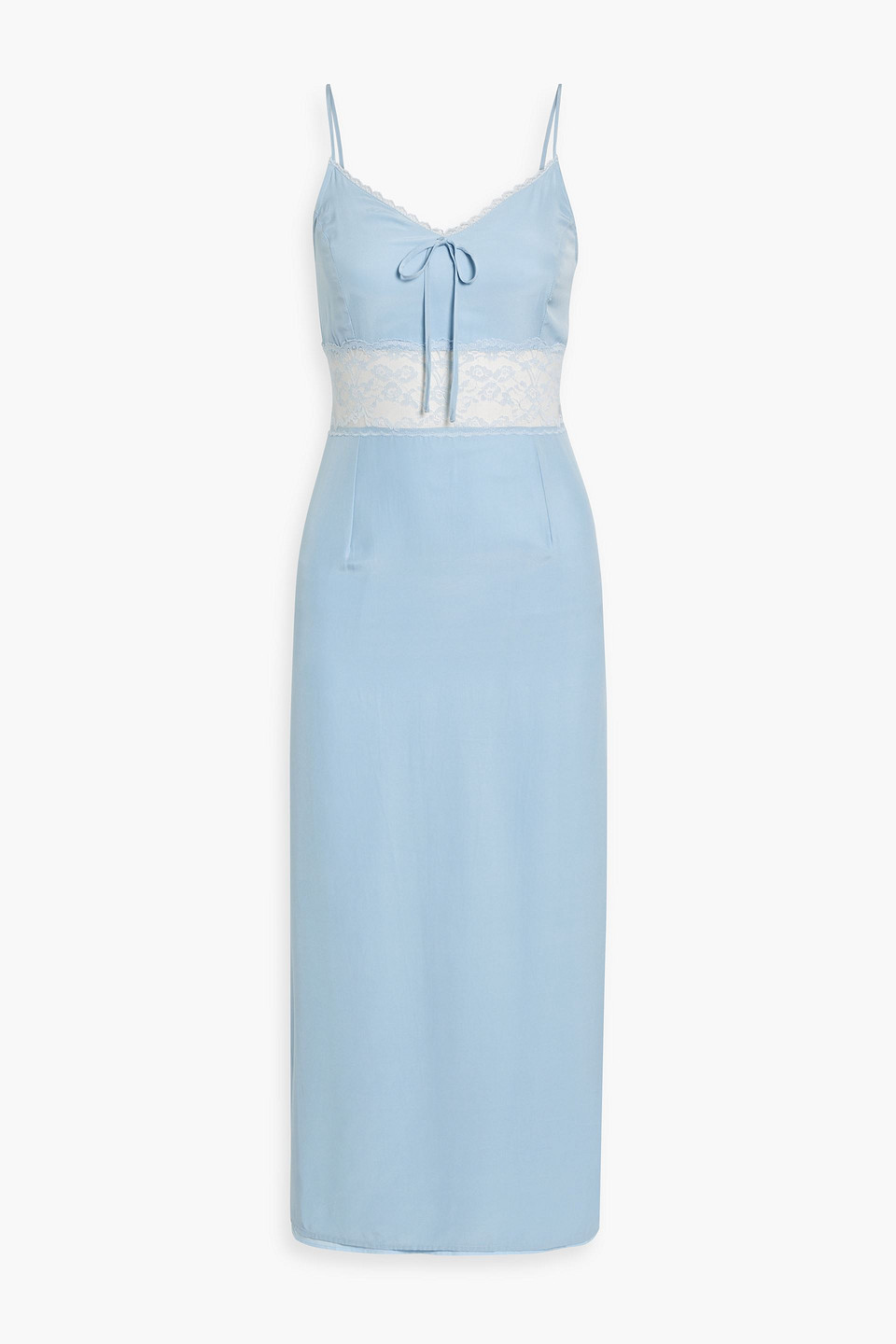Hvn Chrissy Corded Lace-paneled Silk-crepe Maxi Dress In Light Blue