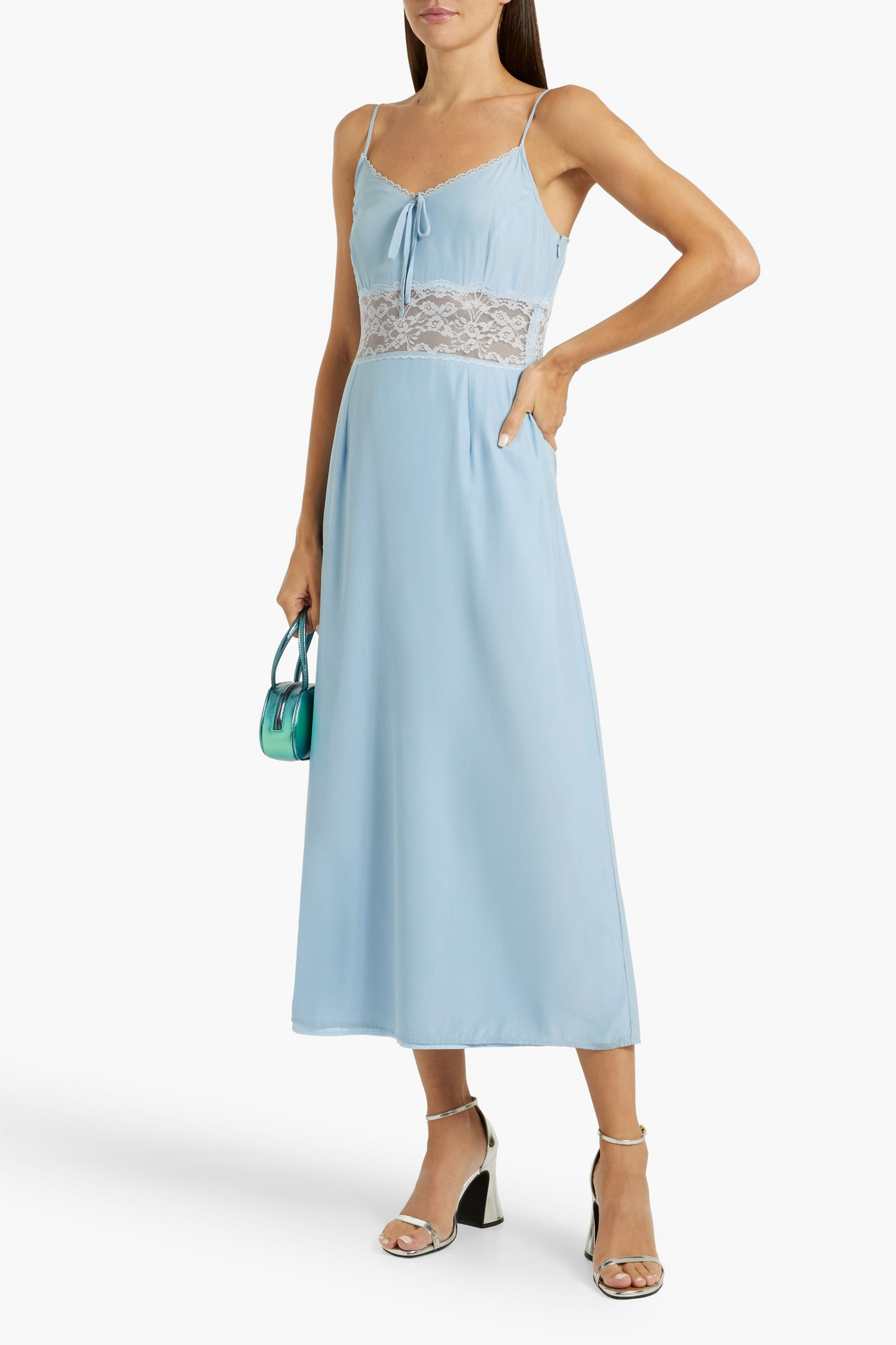 HVN Chrissy corded lace-paneled silk-crepe midi dress