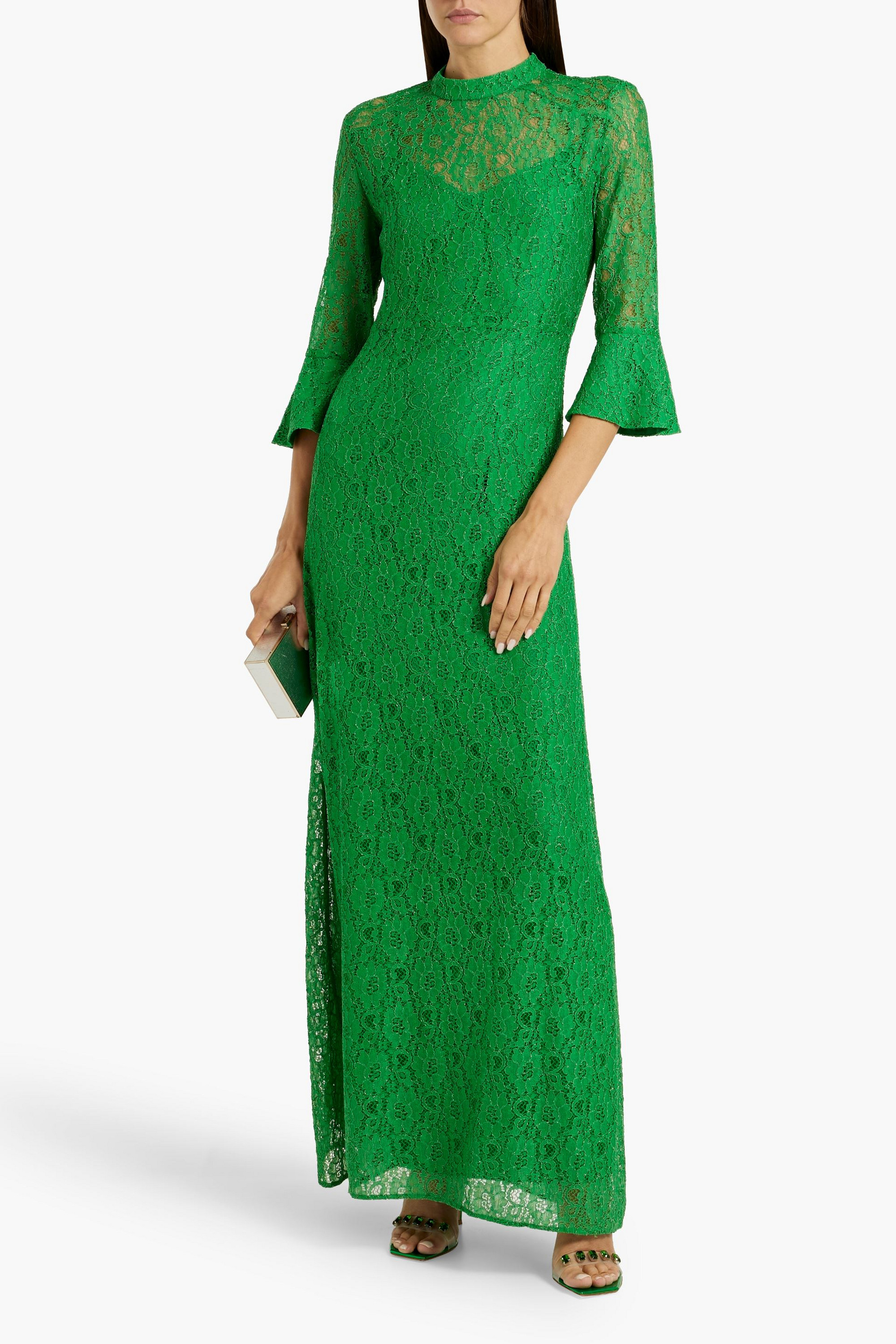 HVN Ashley metallic corded lace maxi dress