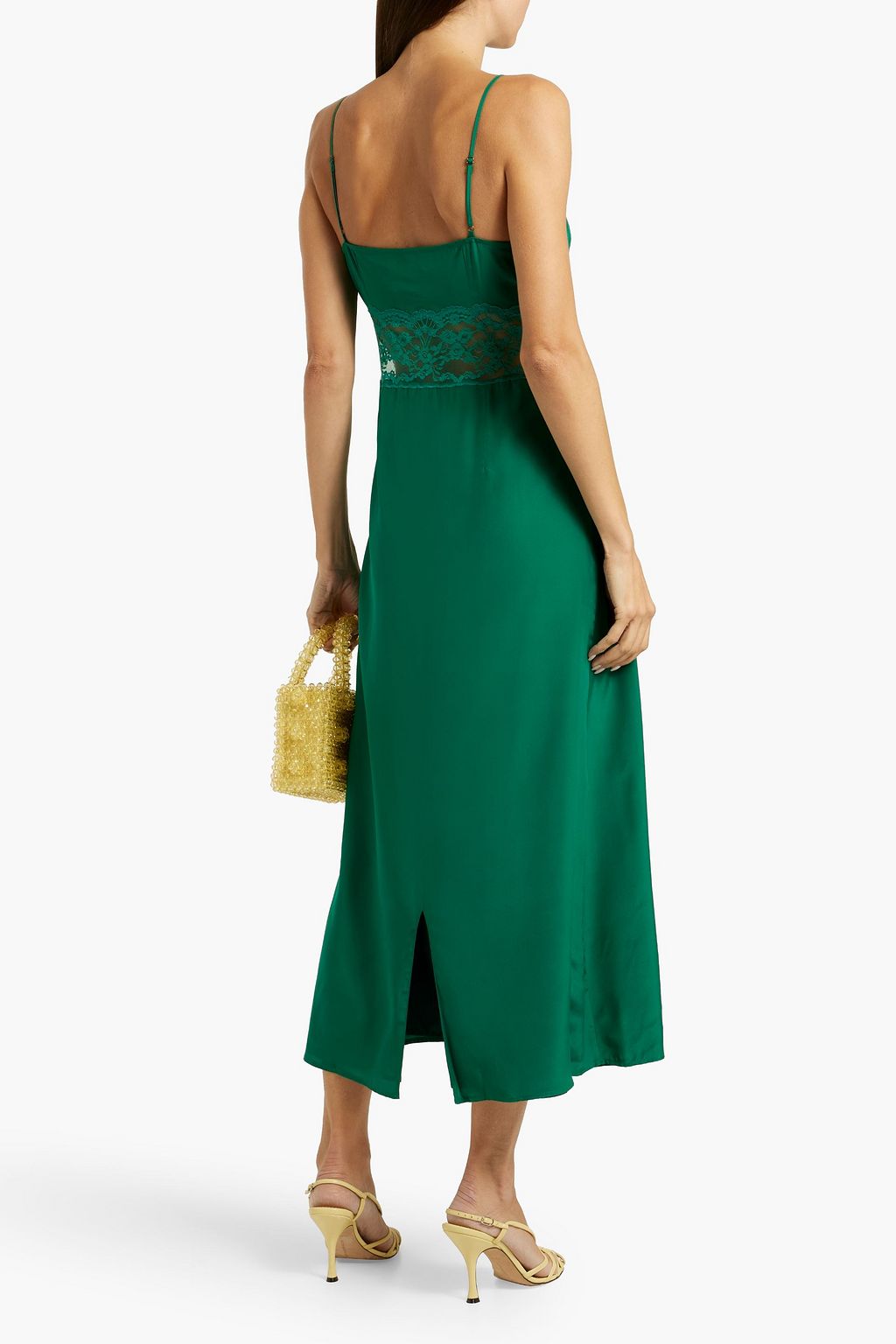 HVN Chrissy lace-trimmed silk crepe de chine midi dress