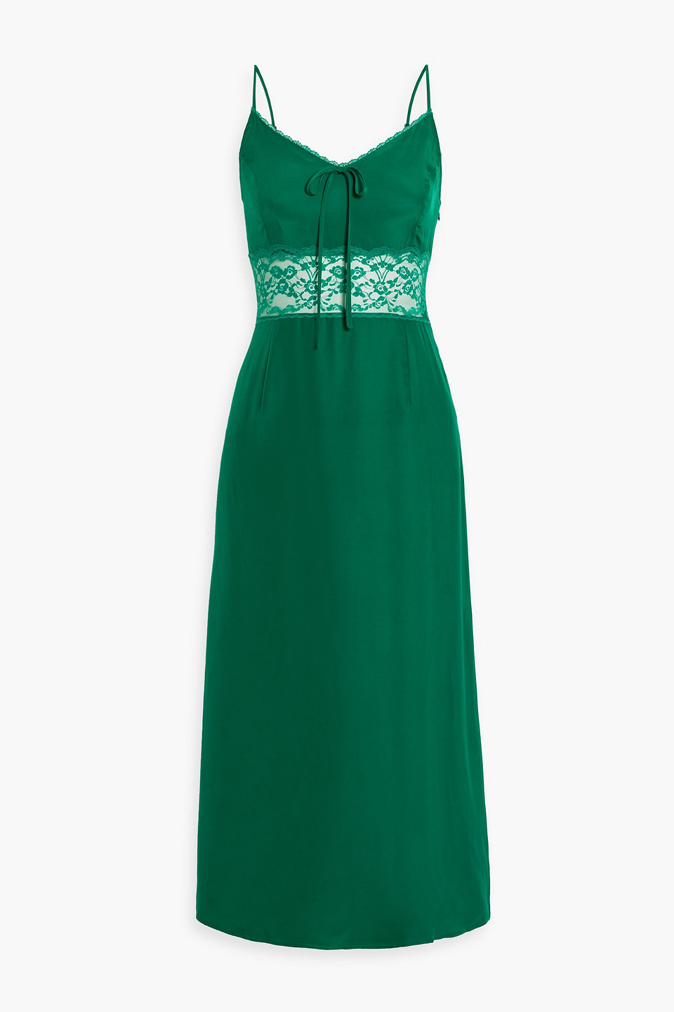 Hvn Chrissy Lace-trimmed Silk Crepe De Chine Midi Dress In Emerald