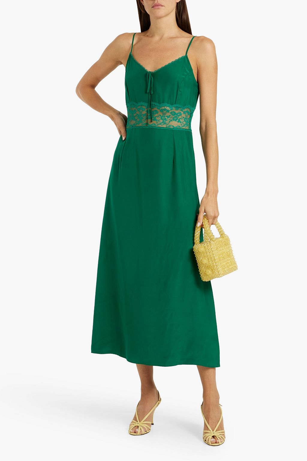 HVN Chrissy lace-trimmed silk crepe de chine midi dress