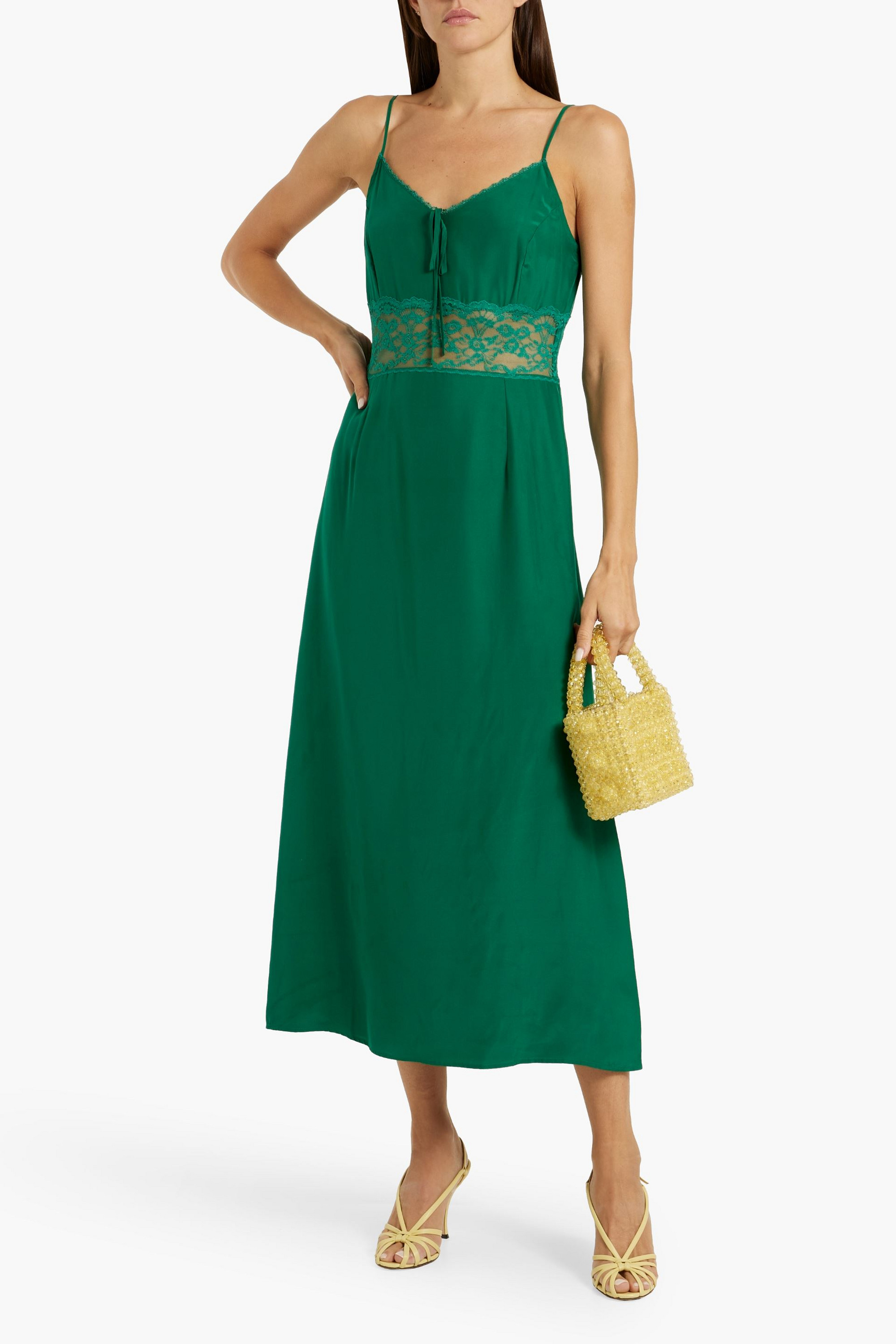 HVN Chrissy lace-trimmed silk crepe de chine midi dress