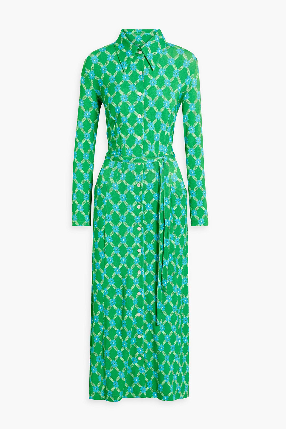 Hvn Ava Floral-print Jersey Maxi Shirt Dress In Green