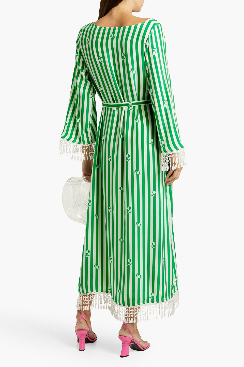 HVN ANDREA FRINGED STRIPED SILK MAXI DRESS