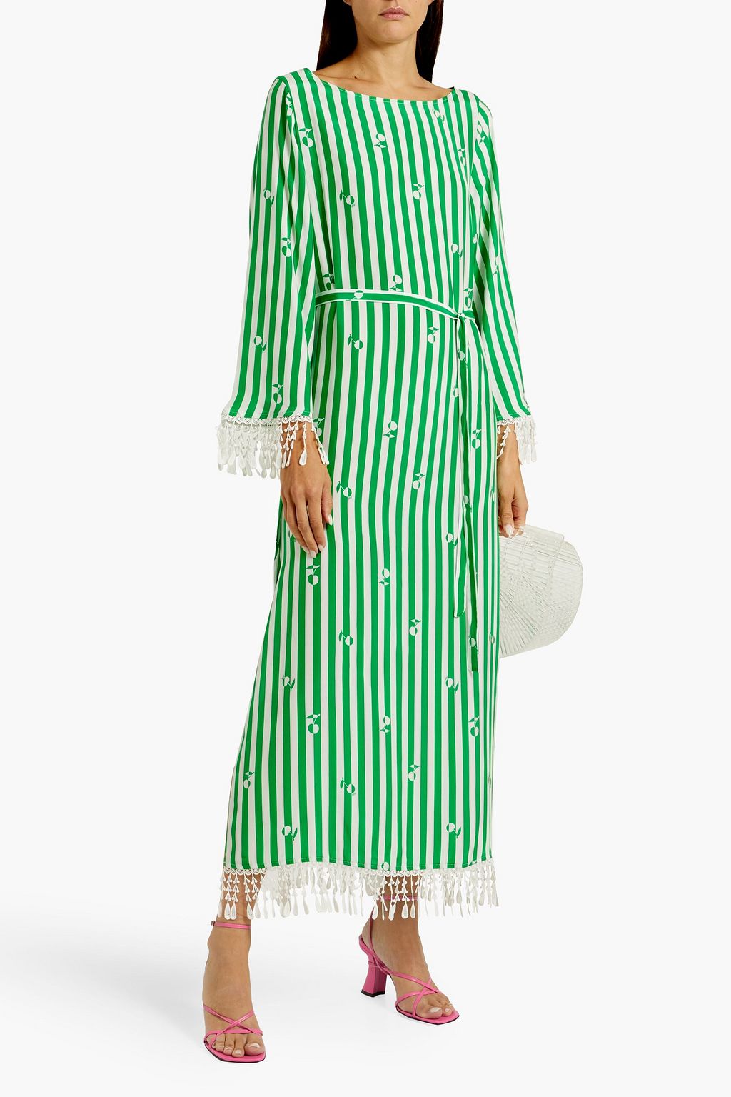 HVN Andrea fringed striped silk maxi dress