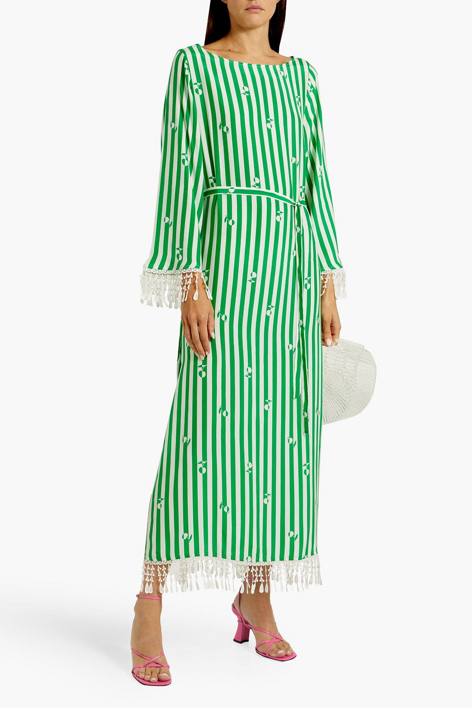 HVN ANDREA FRINGED STRIPED SILK MAXI DRESS