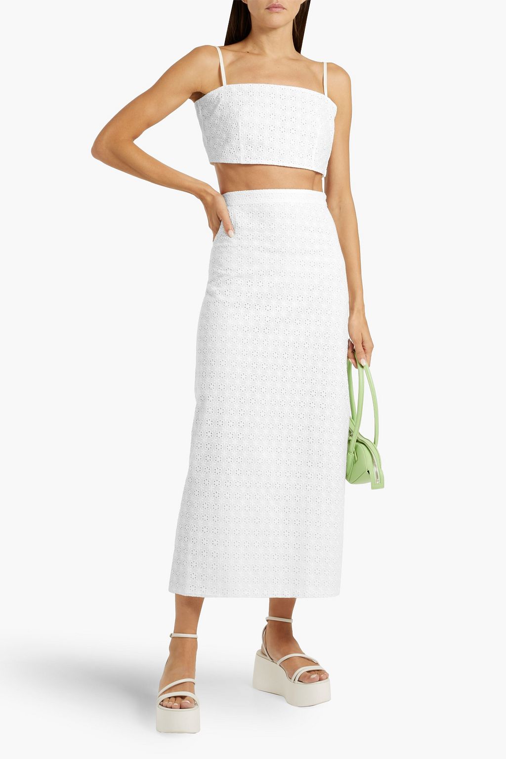 HVN Affie cropped broderie anglaise cotton top and midi skirt set