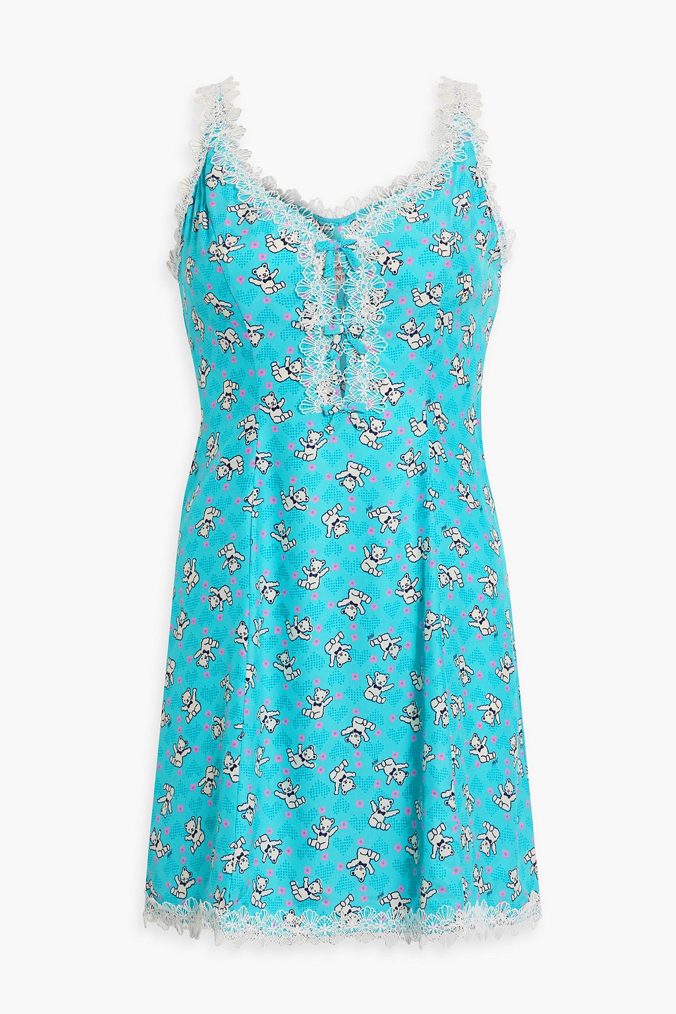Hvn Ari Lace-trimmed Printed Silk-satin Mini Dress In Turquoise