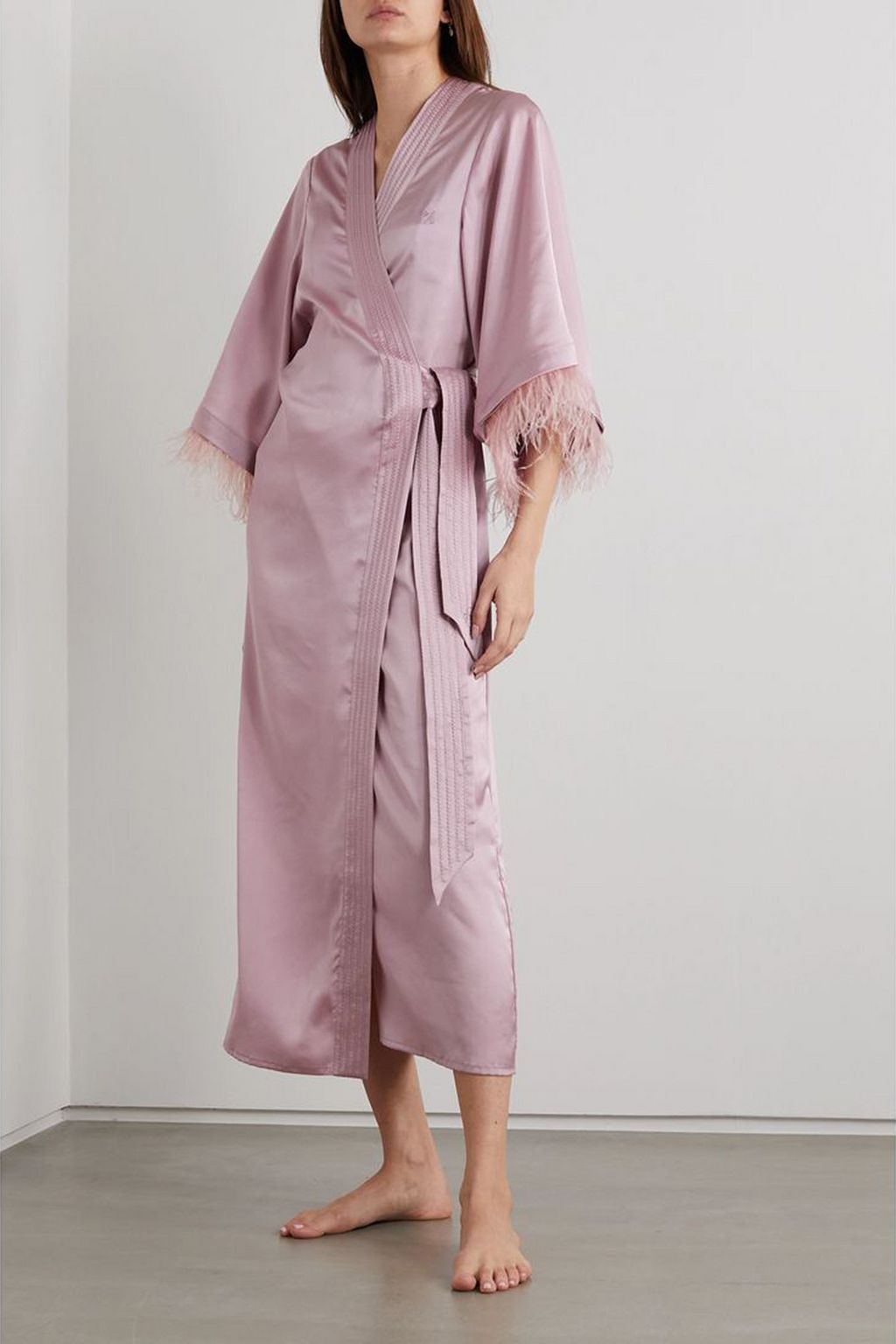 LOVE STORIES Patchouli feather-trimmed  satin robe