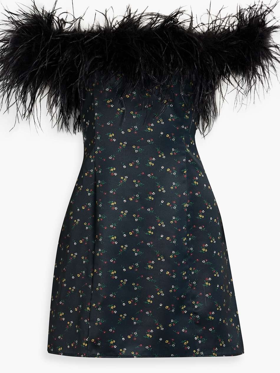 sadie off-the-shoulder feather-trimmed floral-print satin mini dress
