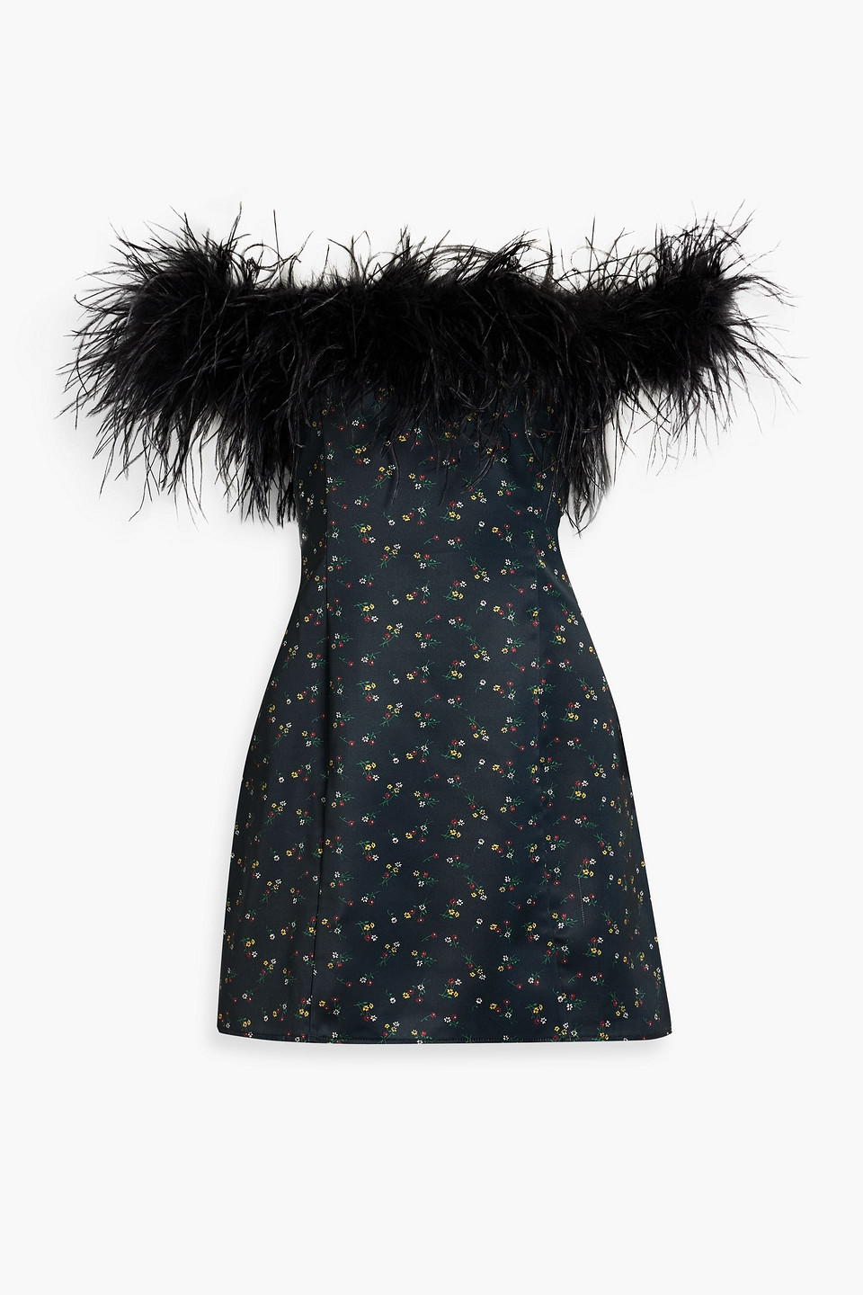 Hvn Sadie Off-the-shoulder Feather-trimmed Floral-print Satin Mini Dress In Midnight Blue