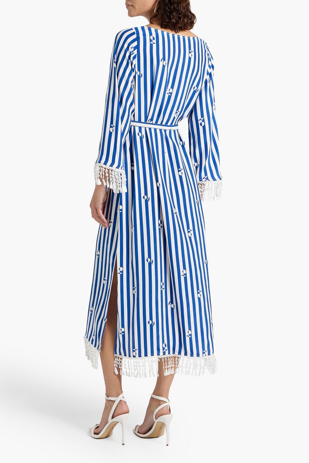 HVN Andrea macramé-trimmed striped silk midi dress